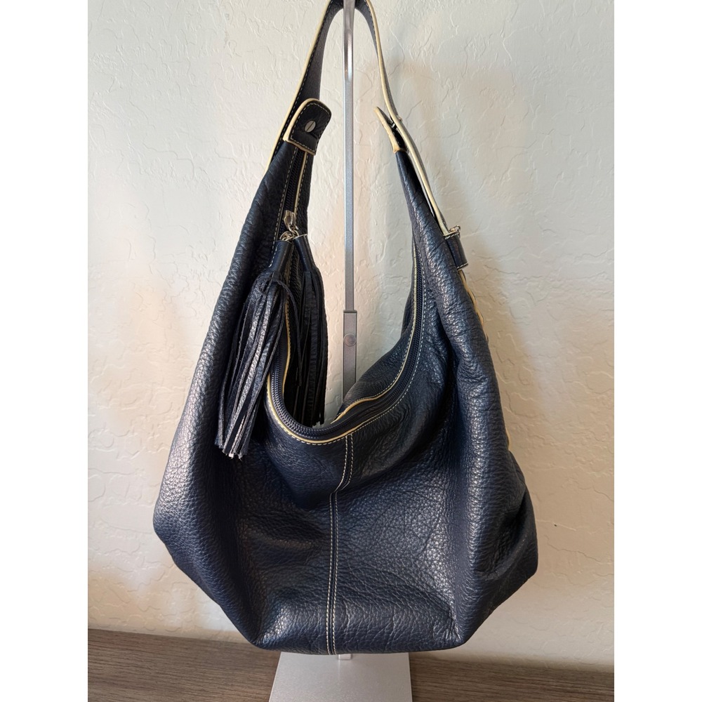 Helen Welsh Navy Blue Pebbled Leather Hobo Bag Tassel Braided Strap Floral